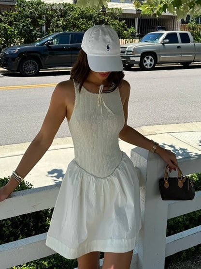 Fantoye Sexy Backless A-line Women Dress White Sleeveless Round Neck Mini Dress Female Summer Loose Casual Streetwear Vestidos