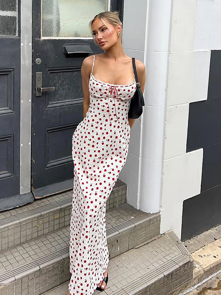 Fantoye Sexy Backless Print Floral Women Dress White Spaghetti Strap Evening Dress Female Summer Elegant Party Clubwear Vestidos