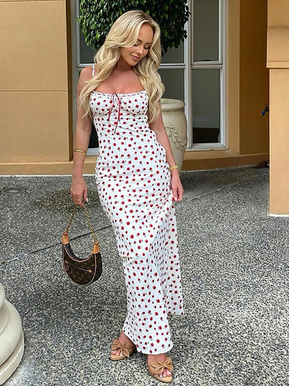 Fantoye Sexy Backless Print Floral Women Dress White Spaghetti Strap Evening Dress Female Summer Elegant Party Clubwear Vestidos
