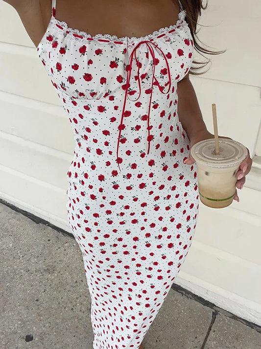 Fantoye Sexy Backless Print Floral Women Dress White Spaghetti Strap Evening Dress Female Summer Elegant Party Clubwear Vestidos