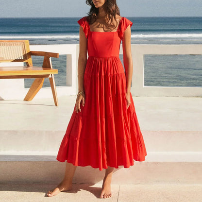 FashionSierra - Vintage Backless Wide Ruffles Straps Female Fashion Casual Sleeveless Plaid Vacation Beach Sun Dress
