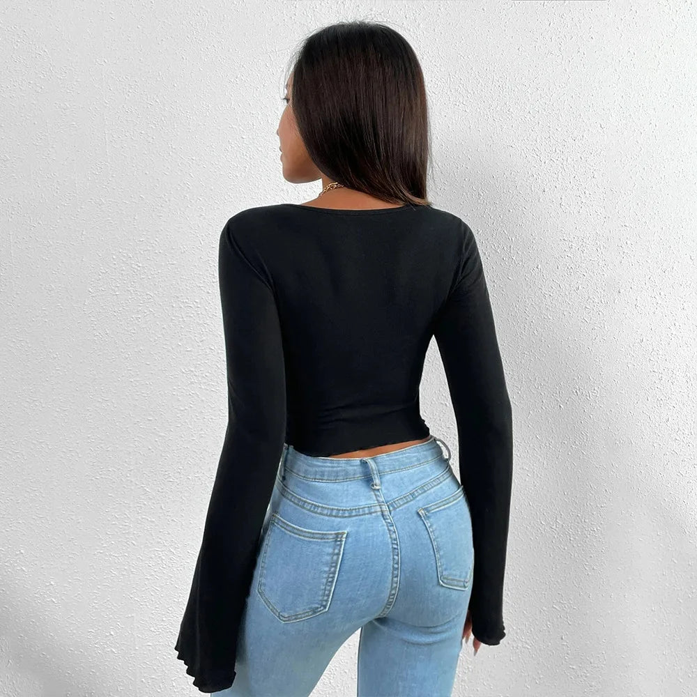 Fashion Summer Flare Long Sleeve V-neck Irregular Hem Crop Streetwear Top Women's White Slim Corset T-shirt