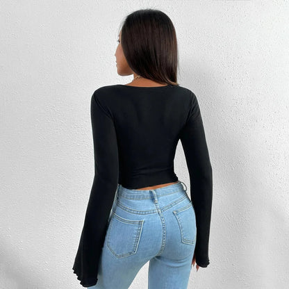 Fashion Summer Flare Long Sleeve V-neck Irregular Hem Crop Streetwear Top Women's White Slim Corset T-shirt