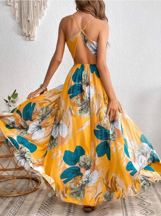 Fashion Flower Print Spaghetti Strap Dresses Women Sexy V-neck Backless Slit Long Dress Bohemian Style Vacation Beach Vestidos