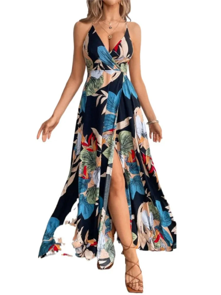 Fashion Flower Print Spaghetti Strap Dresses Women Sexy V-neck Backless Slit Long Dress Bohemian Style Vacation Beach Vestidos