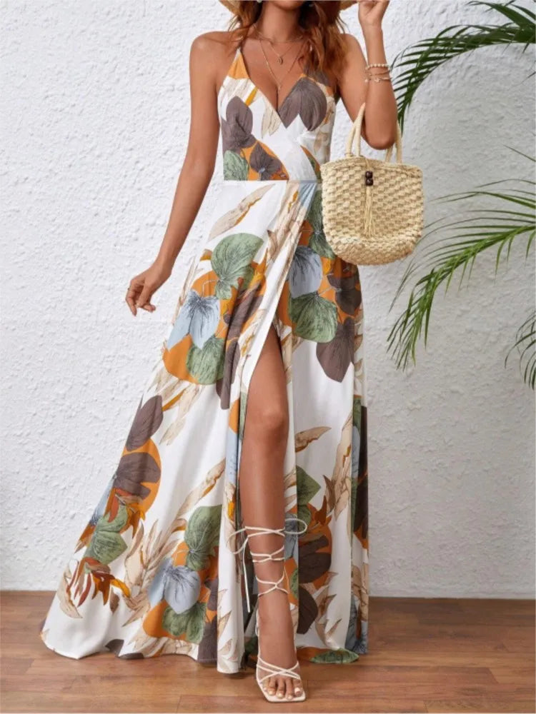 Fashion Flower Print Spaghetti Strap Dresses Women Sexy V-neck Backless Slit Long Dress Bohemian Style Vacation Beach Vestidos