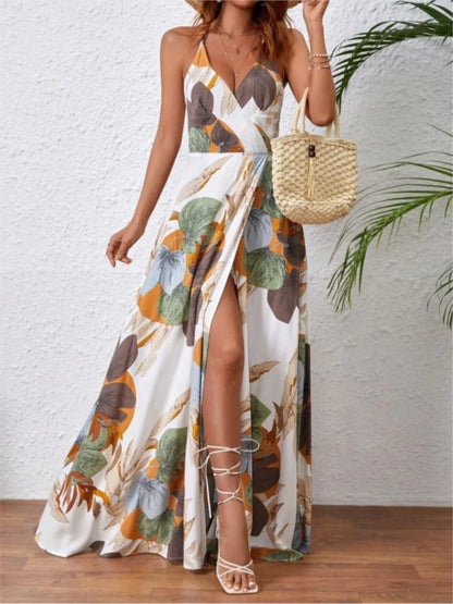 Fashion Flower Print Spaghetti Strap Dresses Women Sexy V-neck Backless Slit Long Dress Bohemian Style Vacation Beach Vestidos