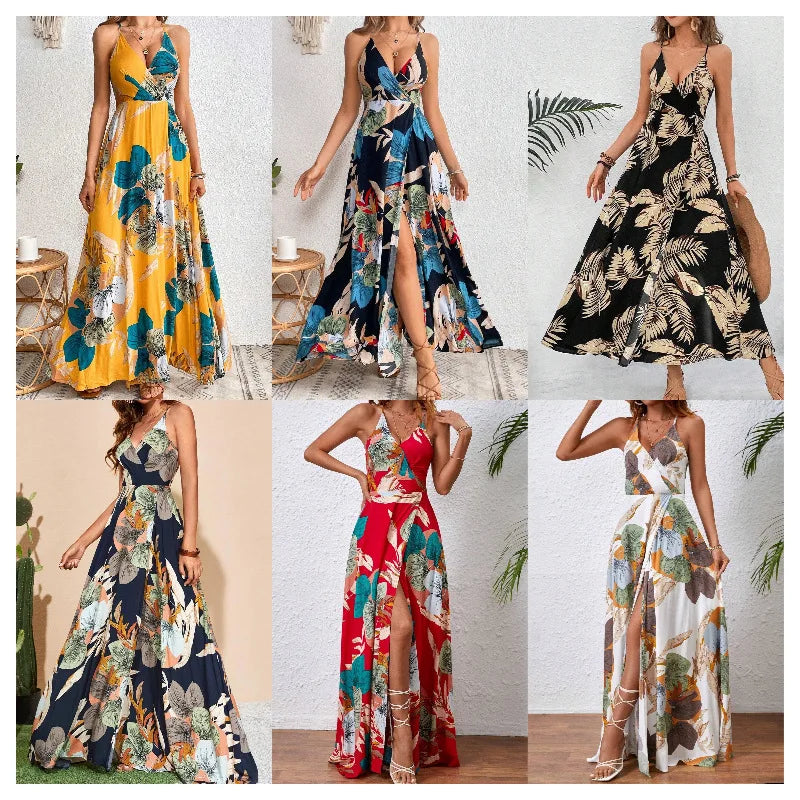 Fashion Flower Print Spaghetti Strap Dresses Women Sexy V-neck Backless Slit Long Dress Bohemian Style Vacation Beach Vestidos
