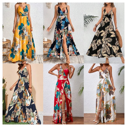 Fashion Flower Print Spaghetti Strap Dresses Women Sexy V-neck Backless Slit Long Dress Bohemian Style Vacation Beach Vestidos
