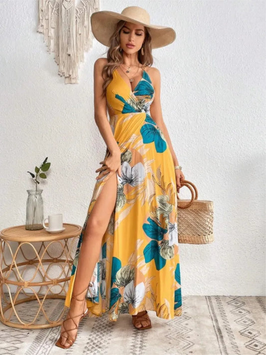 Fashion Flower Print Spaghetti Strap Dresses Women Sexy V-neck Backless Slit Long Dress Bohemian Style Vacation Beach Vestidos