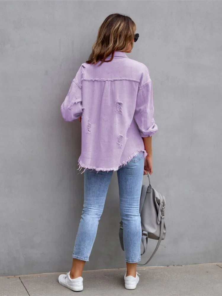 Fashion Outerwear Denim Button Spring Autumn Long Sleeve Holes Women Lady Coat Jacket