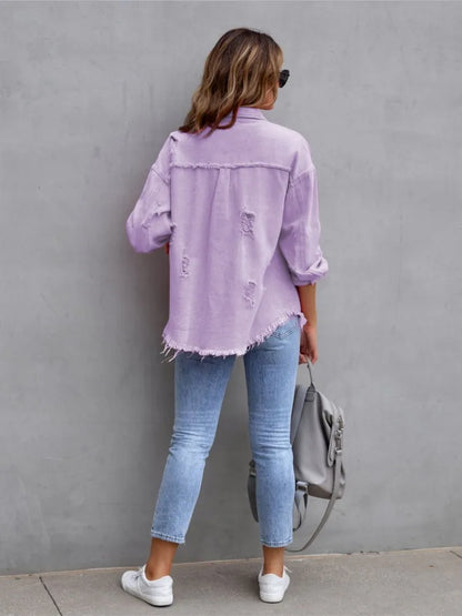 Fashion Outerwear Denim Button Spring Autumn Long Sleeve Holes Women Lady Coat Jacket