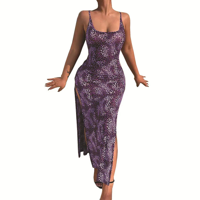 Fashion Leopard Print Slim Long Dresses Women Sexy Low Cut Backless Package Hip Bodycon Slit Dress Female Streetwear Summer New