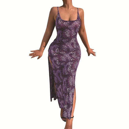 Fashion Leopard Print Slim Long Dresses Women Sexy Low Cut Backless Package Hip Bodycon Slit Dress Female Streetwear Summer New