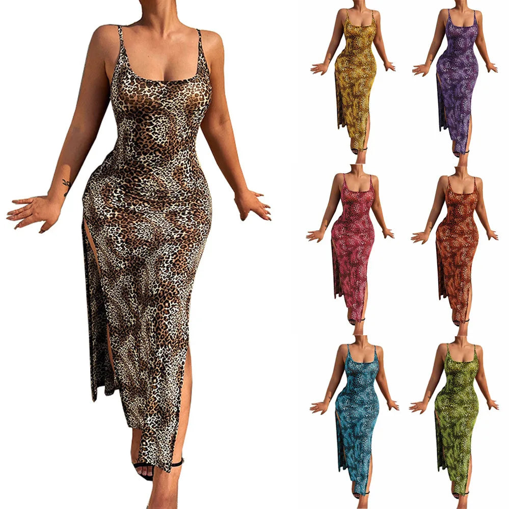 Fashion Leopard Print Slim Long Dresses Women Sexy Low Cut Backless Package Hip Bodycon Slit Dress Female Streetwear Summer New