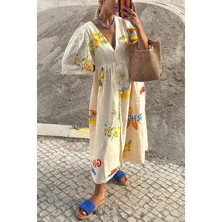 Fashion Print Dresses Women Trendy Puff Short Sleeves Single-breasted Casual Beach Vacation Loose Long Dress Summer New Vestidos