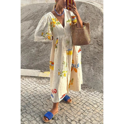 Fashion Print Dresses Women Trendy Puff Short Sleeves Single-breasted Casual Beach Vacation Loose Long Dress Summer New Vestidos