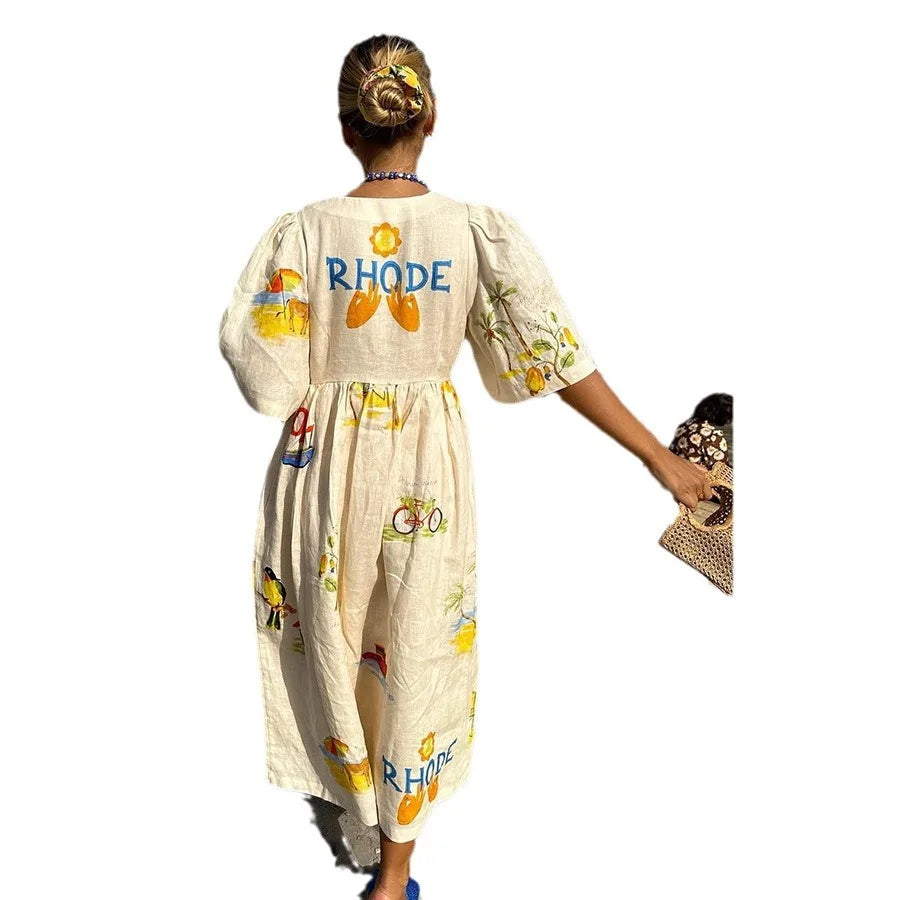 Fashion Print Dresses Women Trendy Puff Short Sleeves Single-breasted Casual Beach Vacation Loose Long Dress Summer New Vestidos