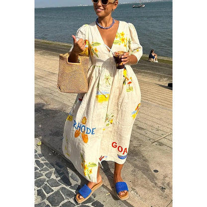 Fashion Print Dresses Women Trendy Puff Short Sleeves Single-breasted Casual Beach Vacation Loose Long Dress Summer New Vestidos