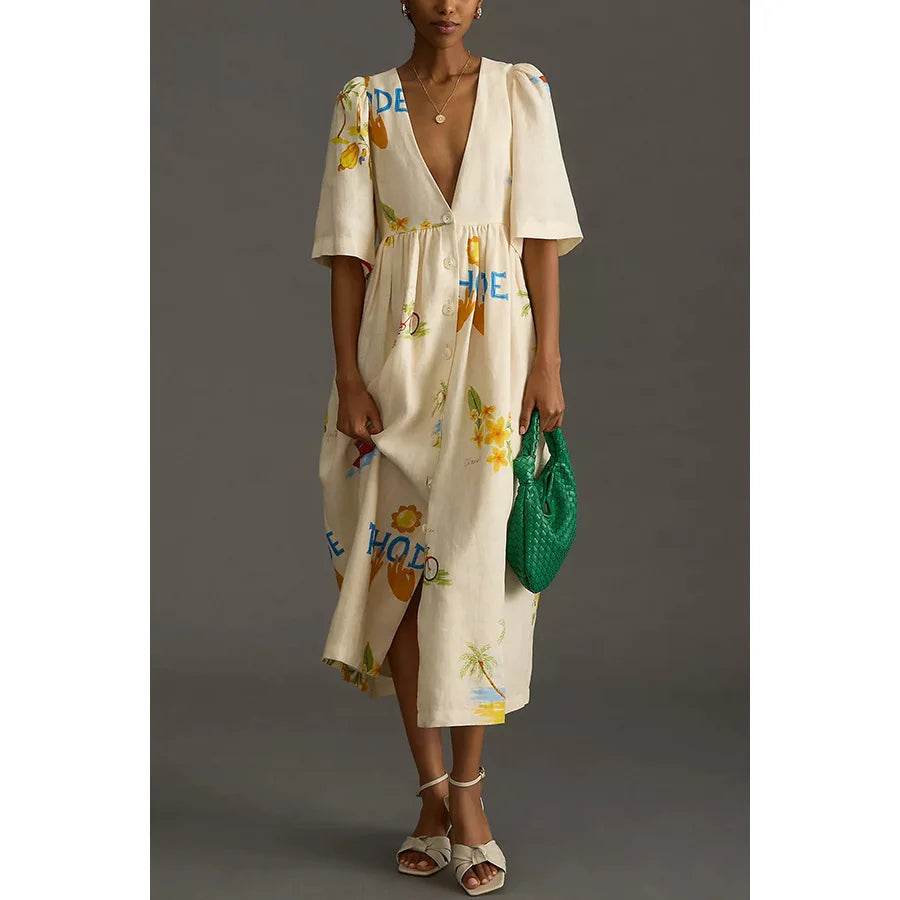 Fashion Print Dresses Women Trendy Puff Short Sleeves Single-breasted Casual Beach Vacation Loose Long Dress Summer New Vestidos