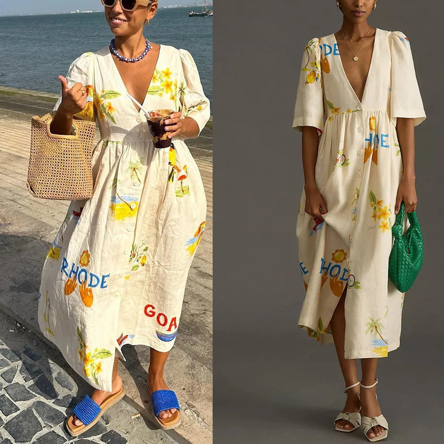 Fashion Print Dresses Women Trendy Puff Short Sleeves Single-breasted Casual Beach Vacation Loose Long Dress Summer New Vestidos
