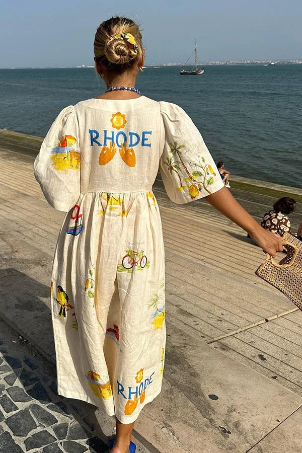 Fashion Print Dresses Women Trendy Puff Short Sleeves Single-breasted Casual Beach Vacation Loose Long Dress Summer New Vestidos