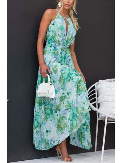 Fashion Print Halter Neck Dresses Women Hollow Out Backless Folds Sleeveless Irregular Hem Dress Trendy Lady Summer Vestidos New