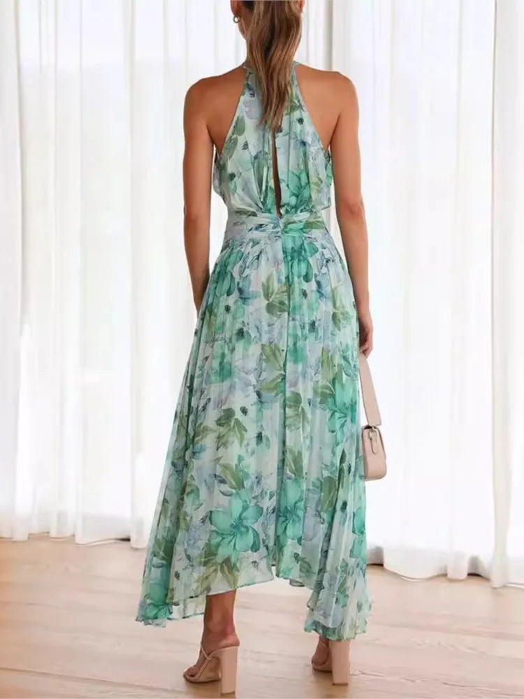 Fashion Print Halter Neck Dresses Women Hollow Out Backless Folds Sleeveless Irregular Hem Dress Trendy Lady Summer Vestidos New
