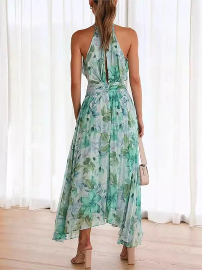 Fashion Print Halter Neck Dresses Women Hollow Out Backless Folds Sleeveless Irregular Hem Dress Trendy Lady Summer Vestidos New