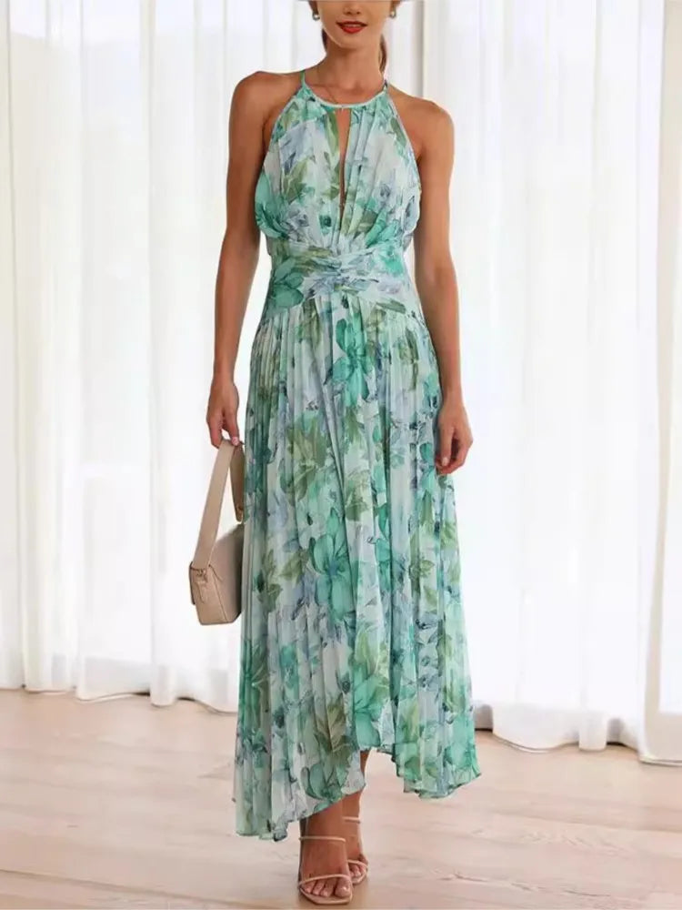 Fashion Print Halter Neck Dresses Women Hollow Out Backless Folds Sleeveless Irregular Hem Dress Trendy Lady Summer Vestidos New