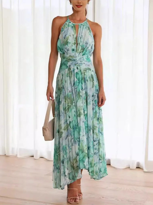 Fashion Print Halter Neck Dresses Women Hollow Out Backless Folds Sleeveless Irregular Hem Dress Trendy Lady Summer Vestidos New