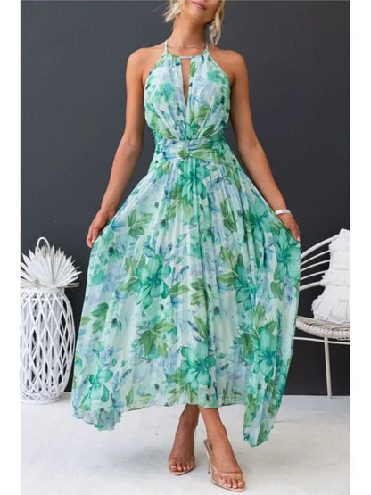 Fashion Print Halter Neck Dresses Women Hollow Out Backless Folds Sleeveless Irregular Hem Dress Trendy Lady Summer Vestidos New