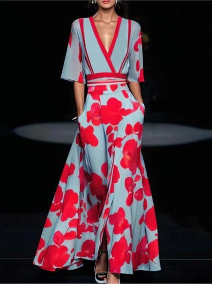 Fashion Print Party Long Dresses Women V-neck Half Sleeves Temperament Elegant A-line Evening Dress Female New Commuting Vestido
