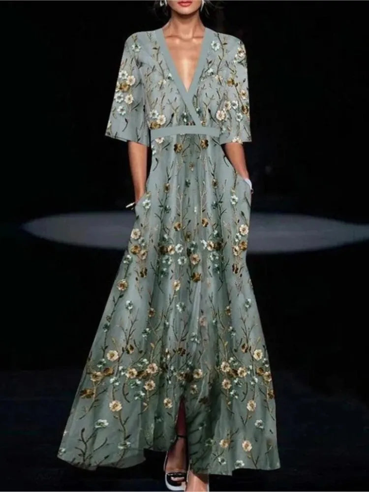 Fashion Print Party Long Dresses Women V-neck Half Sleeves Temperament Elegant A-line Evening Dress Female New Commuting Vestido