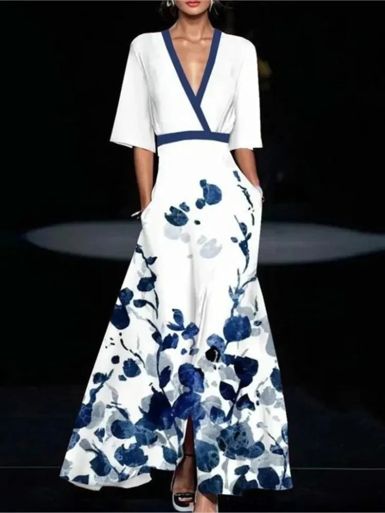 Fashion Print Party Long Dresses Women V-neck Half Sleeves Temperament Elegant A-line Evening Dress Female New Commuting Vestido