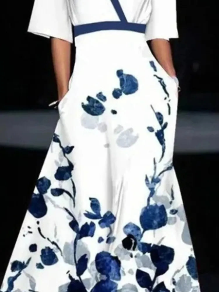 Fashion Print Party Long Dresses Women V-neck Half Sleeves Temperament Elegant A-line Evening Dress Female New Commuting Vestido