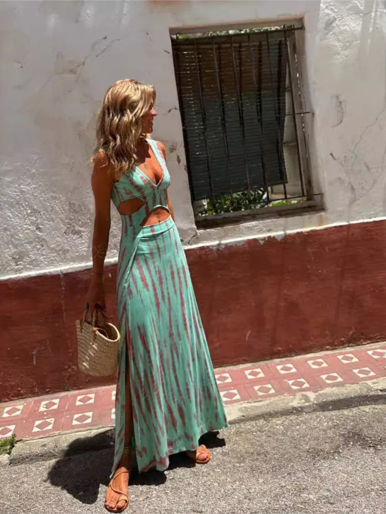 Fashion Print Slim Sleeveless Long Dresses Women Sexy V-neck Hollow Out Backless Bodycon Package Hip Slit Dress Vacation Vestido