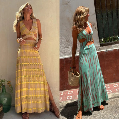 Fashion Print Slim Sleeveless Long Dresses Women Sexy V-neck Hollow Out Backless Bodycon Package Hip Slit Dress Vacation Vestido