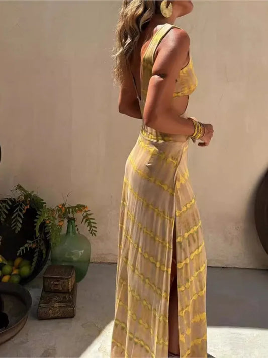 Fashion Print Slim Sleeveless Long Dresses Women Sexy V-neck Hollow Out Backless Bodycon Package Hip Slit Dress Vacation Vestido