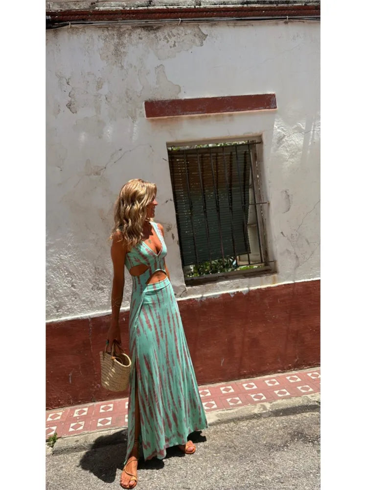Fashion Print Slim Sleeveless Long Dresses Women Sexy V-neck Hollow Out Backless Bodycon Package Hip Slit Dress Vacation Vestido