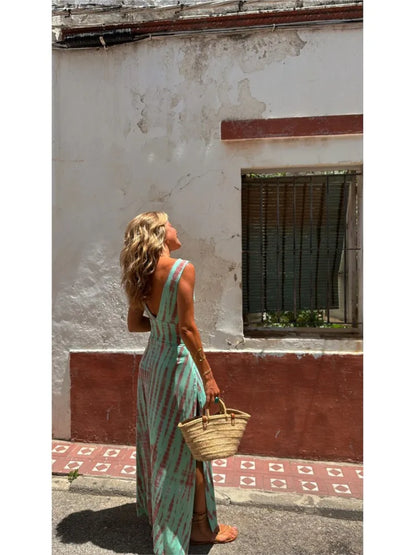 Fashion Print Slim Sleeveless Long Dresses Women Sexy V-neck Hollow Out Backless Bodycon Package Hip Slit Dress Vacation Vestido