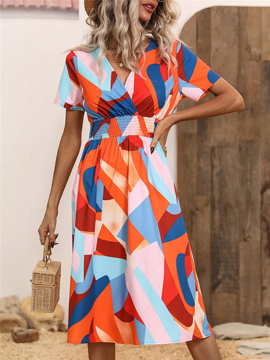 Fashion Summer 2025 for Women Long Short Sleeve Female Chic Clothing Floral Holiday Clothes Midi Dress