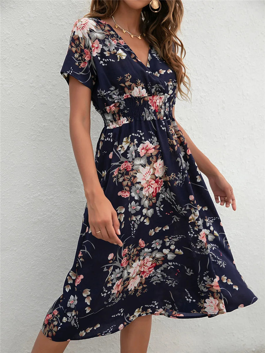 Fashion Summer 2025 for Women Long Short Sleeve Female Chic Clothing Floral Holiday Clothes Midi Dress
