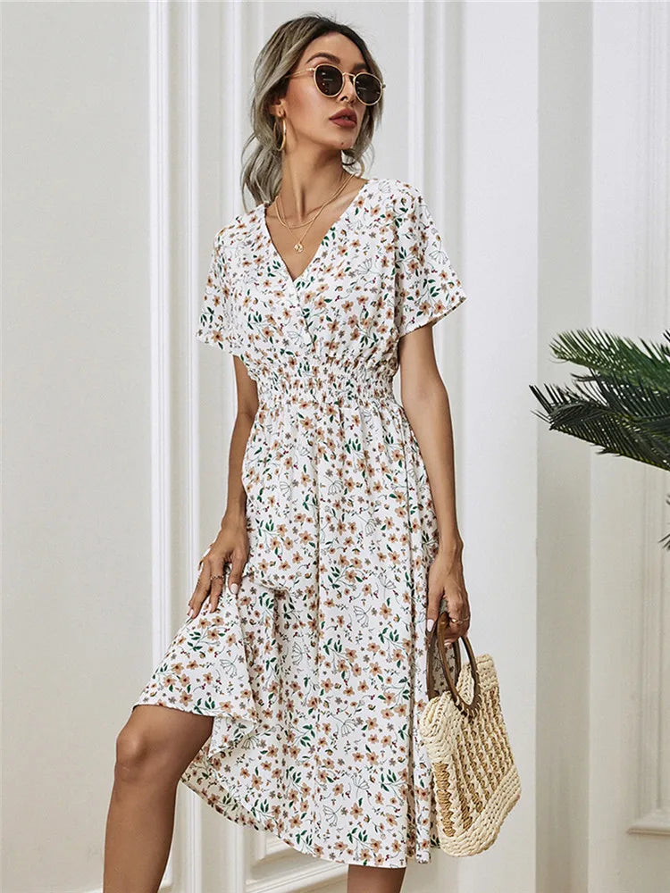 Fashion Summer 2025 for Women Long Short Sleeve Female Chic Clothing Floral Holiday Clothes Midi Dress