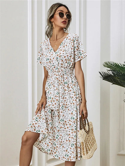 Fashion Summer 2025 for Women Long Short Sleeve Female Chic Clothing Floral Holiday Clothes Midi Dress