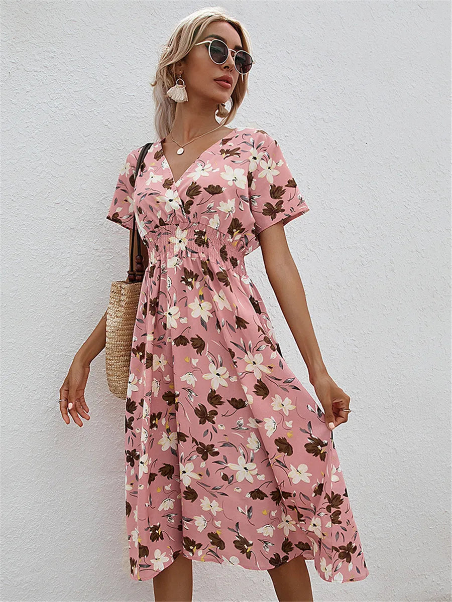 Fashion Summer 2025 for Women Long Short Sleeve Female Chic Clothing Floral Holiday Clothes Midi Dress