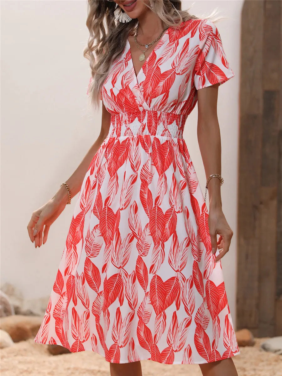 Fashion Summer 2025 for Women Long Short Sleeve Female Chic Clothing Floral Holiday Clothes Midi Dress
