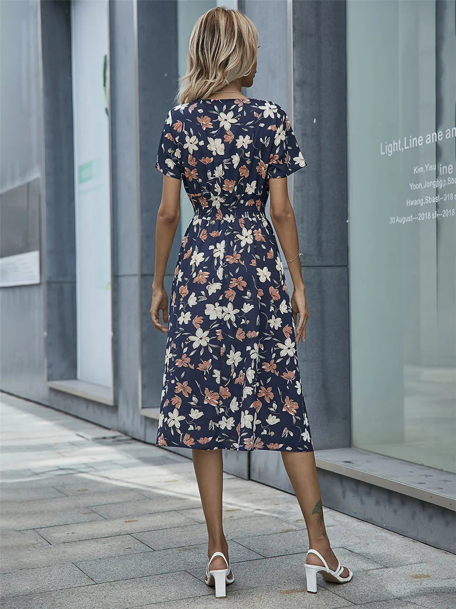 Fashion Summer 2025 for Women Long Short Sleeve Female Chic Clothing Floral Holiday Clothes Midi Dress