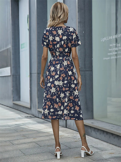 Fashion Summer 2025 for Women Long Short Sleeve Female Chic Clothing Floral Holiday Clothes Midi Dress