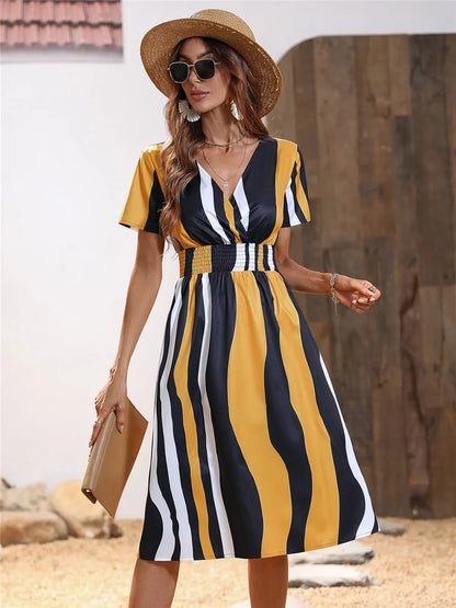 Fashion Summer 2025 for Women Long Short Sleeve Female Chic Clothing Floral Holiday Clothes Midi Dress